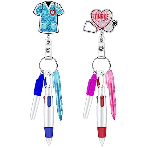 Mivofun Nurse Badge Reel Glitter with Mini Highlighter Pen Kit, Include 2 Permanent Marker, 2 Tip Highlighters, 2 Nurse Badge Holder, 2 Retractable Ballpoint Pen with Keychain Clip(Pink, Blue) Cover