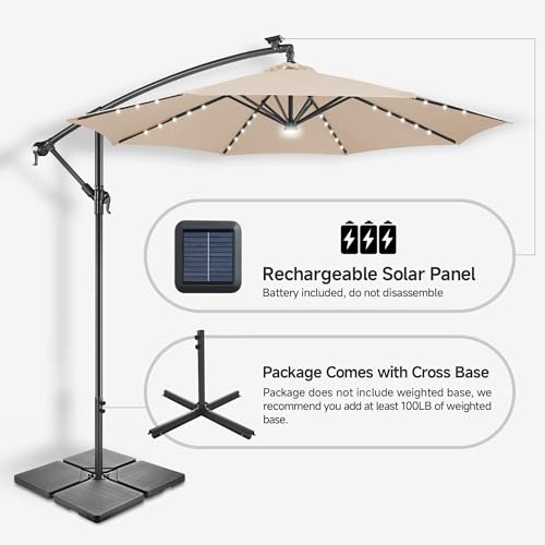 Image of Solar Offset Patio Umbrella - 10 FT Solar Cantilever Umbrella Outdoor with 40 LED Lights and Cross Base, UV Protection for Garden, Deck, Backyard, Pool, Porch, Beige
