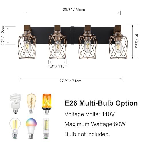 Image of 4-Light Black Gold Farmhouse Vanity Light, Wood & Metal Cage Shade