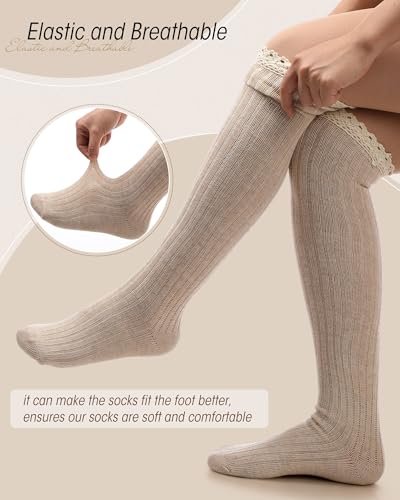 Syhood Cotton Women thigh high socks with Lace Trim over the knee High Socks Boutique Lace Tall Boot Stockings for Women4