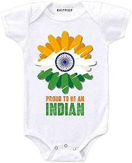 KNITROOT Republic Day Special Unisex Half Sleeve Baby Romper White Color "Proud to Be An Indian"(0-3 Months)