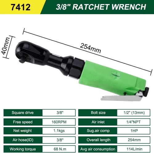 Dotool 3/8" Air Ratchet Wrench 50 Ft-Lbs Max Torque Output Professional Pneumatic Aluminum 160 Rpm Comfort Grip, Lightweight, Compact, Forward/Reverse Control #TOP5