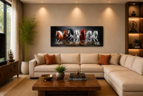 Image of 7 Horse Vastu Sunrise Canvas Painting | Positive Energy Wall Decor | Big Size Premium Running Horses Artwork for Home, Office & Hall Decoration (Modern, Sand Horse, 44x20 Inch)