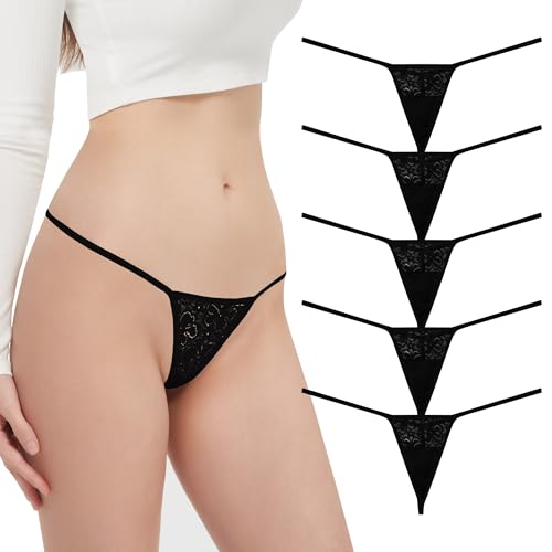 GAREDOB Lace G String Thongs for Women Sexy Low Waist Comfortable Strappy Thong Panties Black Size L