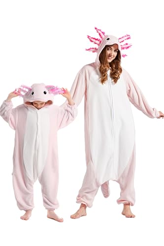 DarkCom Axolotl Onesie for Kids,Flannel AnimalCosplay Halloween Costume Parent-Child Sleepwear for Girls Boys 10-11 Years Pink