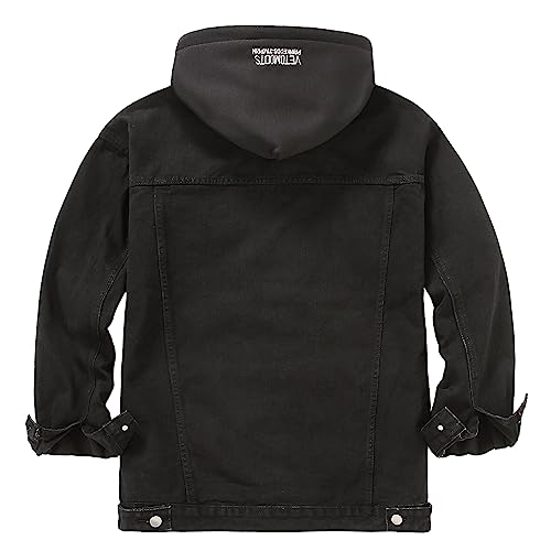 Image of Men's Denim Jacket Distressed Hooded Jean Jackets Baggy Ripped Trucker Coat | Loose Vintage Long Sleeve Denim Hoodie Cotton Button Down Jean Outerwear With Pockets Black Blue Hip Hop Streetwear Casual