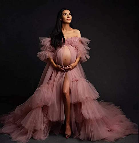 Qqcute Puffy Ruffles Tulle Maternity Photoshoot Dress For Women Champagne Lingerie Sheer Pregnancy Gown For Baby Shower(L-Xl) #TOP1