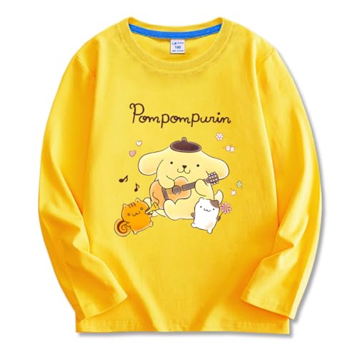 [Playcotton] ポムポムプリン 子供服 長袖Tシャツ 春秋 キッズ 男の子 女の子 綿100% 可愛い パジャマ 丸首 プリント トップス イエロー 140CM