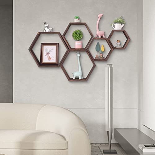 Wonfulity Hexagon Floating Shelves, Wall Mounted Wood Farmhouse Storage Honeycomb Shelves Set Of 5 Wall Shelf For Bathroom, Kitchen, Bedroom, Living Room,Driftwood Finish Wall Decor, Walnut #TOP6