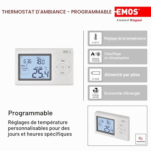 EMOS - Thermostat numérique avec écran LCD - Filaire programmable - Chauffage/climatisation - Plage température 5-35 °C - Montage en Surface - Protection Protection antigel - Pile Incluse - Blanc – vue 2