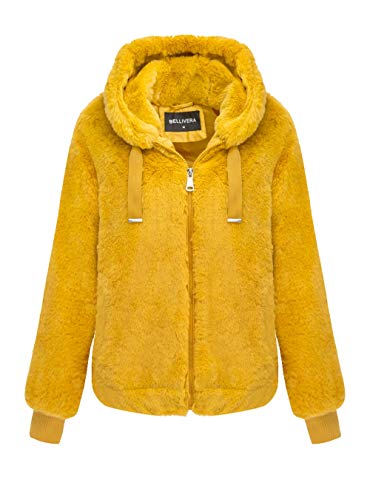 Bellivera Women's Faux Fur Jacket with 2 Side-Seam Pockets, The Coat with Hood Yellow Medium