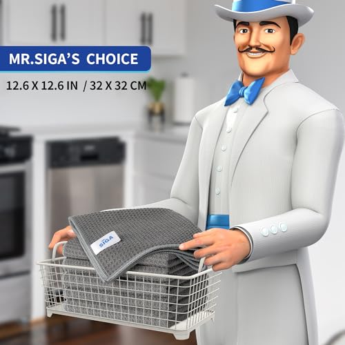 MR.SIGA Waffle Pattern Cleaning Cloths, Reusable Absorbent Microfiber Cleaning Cloths, Lint Free Microfiber Kitchen Towels, 6 Pack, Gray, 12.6 x 12.6 inch