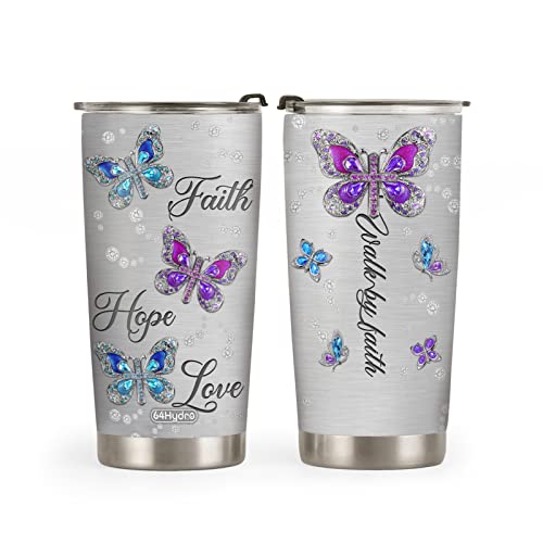 64HYDRO 20oz Christian Gifts for Women, Religious Gifts for Women, Valentines Day Gifts for Her, Birthday, Inspirational Gifts Faith Jewelry Butterfly Tumbler Cup, Insulated Travel Coffee Mug with Lid