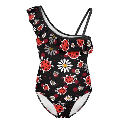 Image of Ladybug Swimsuits for Girls 5-14 One Piece Bathing Suit Kids One Ruffle Shoulder Beach Sport Swimwear
