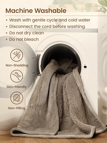 Image of Bearhug Electric Blanket Throw Size, 50 inch x 60 inch Heated Blanket with 6 Heating Levels & 4H Auto Shut-Off, Machine Washable Soft Velvet to Sherpa Reversible Heated Throw for Office, Couch and Sofa Taupe