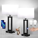 Lamps for Bedrooms - Set of 2 Modern Table Lamps with Touch Control, 3 Way Dimmable, USB C&A Charging, White&Black