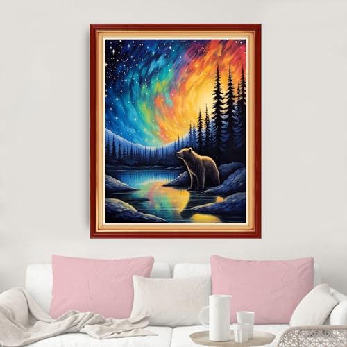 Image of Dimxvean Stamped Cross Stitch Kits,Cross Stitch Kits for Adults Beginners,Embroidery Kits Full Range of Cross Stitch Stamped Kits Needlepoint Kits Cross Stitch Patterns-Brown Bear by Lake 16x20 inch
