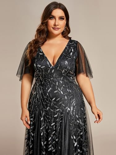 Image of Ever-Pretty Women's Sequin V Neck Plus Size Formal Dresses Evening Gown | Short Sleeve, A-Line, Empire Waist, Plus Size Mother of the Bride Dresses, Plus Size Gala Dress