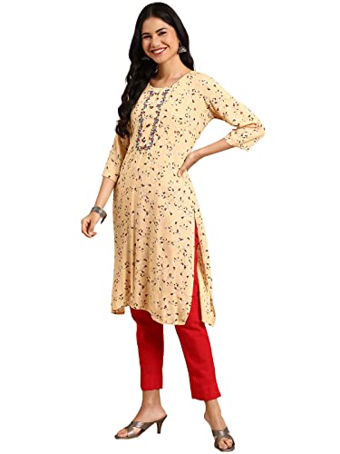 Image of SHOWOFFFF Women Printed Straight Fusion Kurta | Round Neck 3 /4th Sleeves Cotton Kurta for Womens | Regular Fit Calf Length Kurta for Women's