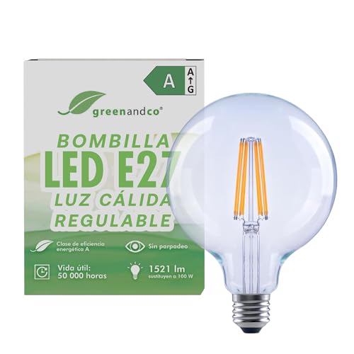 greenandco bombilla de filamento LED | transparente | regulable | E27 G125 | 7,2W 1521lm | sustituye 100W | 3000K blanco cálido | 320° | 230V | sin parpadeo | Clase de eficiencia energética A