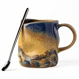TaoTaojarvie 11 oz Hand-Painted Reactive Glaze Ceramic Espresso Mug, Unique Irregular Handmade Stoneware Cup with Coffee Spoon, Small Capacity Artisan Coffee Cup, Prop 65 Certified (Yellow)