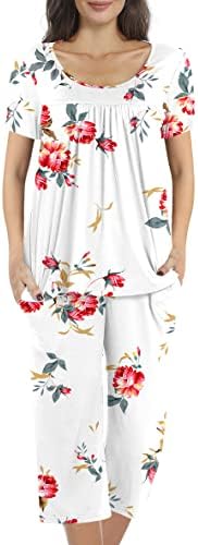 POPYOUNG Plus Size Women's Pajamas Sets, Summer Short Sleeves Tunic Top with Comfy Capri Pants, Lounge Sleepwear 2 piece Ladies Pjs Sets with Pockets 3XL, Floral White