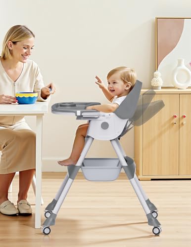 Image of High Chairs for Babies and Toddlers, 4 in 1 Convertible Baby High Chair, Portable High Chair for Travel with Adjustable Height and Back, Foldable HighChair with Wheels& Pu Cushion (Grey)