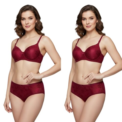 Image of Kinzie Elegant Floral Jacquard Lingerie Set, Grey Brown Maroon Bra and Brief, Comfortable Full Coverage Underwear Set, Padded Bra, Lingerie Set, Honeymoon Bikini Set,