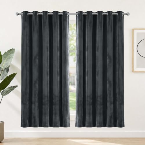 Image of Yorkshire Bedding Blackout Curtains for Bedroom 66x72 Charcoal Curtains Room Darkening Super Soft Energy Saving Ring Top Velvet Curtain 2 Panels with Tiebacks