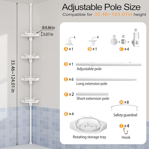Image of 360 Rotating Corner Shower Caddy Tension Pole Organizer (White) | 4-Tier rotating shelves with hooks, adjustable tray height, upgraded rustproof metal pole, removable trays for shower storage
