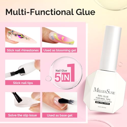 Image of MelodySusie Hema Free Top Coat Base Coat Nail Glue Set Long Lasting Shine Finish Soak Off UV LED Nail Lamp Nail Art Design Manicure Kit Perfect Gifts for Women Girls 3 Pcs 15ml Clear