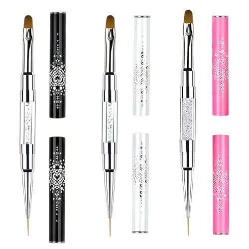 DAIXIANGER 3 Pcs Dual-Ended Builder Gel Nail Brushes Poly Gel & Builder Gel Brushes & Liner Brush with Rhinestone Handles Professional Nail Art Design Tools for Manicure Extensions & Detailing