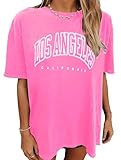 vblane Oversized T Shirts for Women Short Sleeve Summer Loose Vintage Graphic Tees LA Hot Pink Medium