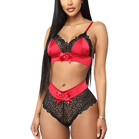 Springcmy Women Sexy Lace Lingerie Set Nightwear Two Piece See-Through Floral Bowknot Sling Bra and Sexy Briefs (A Red, M) Cover