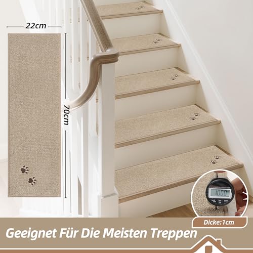 BEQHAUSE Stufenmatten Treppen Teppich Stufenmatten Innen rutschfest 15 Stück, Maschinenwaschbare Treppenteppich für Kinder, Älteste und Haustiere, 100% Polyester TPE -Rücken, 22X70cm, Beige