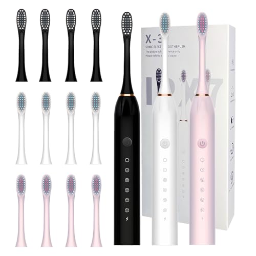 MSETGRD 3 Pack Electric Toothbrush with 6 Modes, Rechargeable Toothbrush with 12 Brush Head, Fast Charge 2 Min and 30s Timer