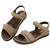 UBFEN Womens Sandals Comfortable Arch Support Steel Beaded Flat Sandals with Back Strap - Open Toe Slingback Shoes for Beach, Vacation and Travel Khaki Color Size US 8.5