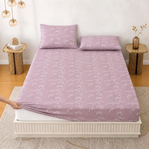 Image of Jaipur Weaves Queen Size Fitted Bedsheet Cotton with Elastic, 100% Pure Cotton Double Bed Fitted Sheet with 2 Pillow Covers, 240 TC,60x78 Inches up to 8-inch Mattress,Floral Design(Pink, Queen Fitted)