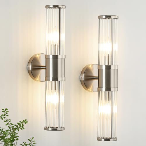 Dual Sconce Vanity Set, Brushed Nickel Wall Light with Clear Glass Rods Shape, Industrial Vanity Lighting for Bathroom Mirror and Modern Bedroom Brushed Nickel 19.69In-2pcs