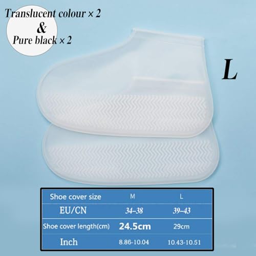 RHQFDM 4 Stück Unisex Wasserdichte Überschuhe Wiederverwendbar Rutschfestes Silikon Schuhüberzieher Halbtransparent Silikon Wasserdichte Überschuhe für Regentage,Strände,Schlammige Straßen(L)