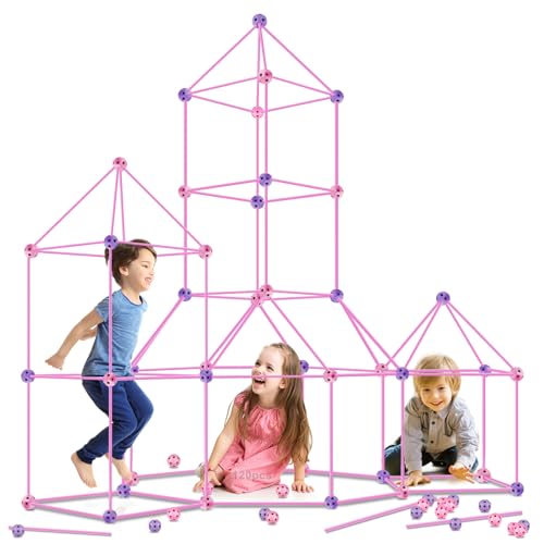 Kids Fort Building Kit 120 Pieces Construction STEM Toys for 5 6 7 8 9 10 11 12 Years Old Boys and Girls Ultimate Forts Builder Gift Build DIY Educational Learning Toy for Indoor Outdoor(Purple+Pink)