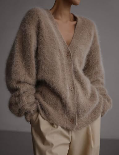 Image of COZYPOIN Womens Fuzzy Cardigan Sweater V Neck Button Down Soft Knit Coat | Loose, Comfy, Slouchy Drop Shoulder, Long Sleeve Fluffy Mohair, Warm, For Daily Work Holiday, Spring Fall Winter Fashion