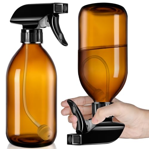 Tecohouse 2 Pack Amber 360 Glass Spray Bottles 16 oz Empty Refillable Containers with Adjustable Spray Nozzles Spray Bottles for Cleaning Solutions and Plants