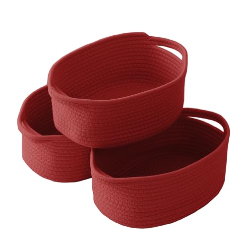 Image of JMvicyroam Small Woven Basket, Empty Gift Basket, Red /3 Pack | Small Gift Basket, Cotton Rope, 12 x 8 x 23 in, Handles, Includes Ribbon and Bag, Birthday Gift Basket
