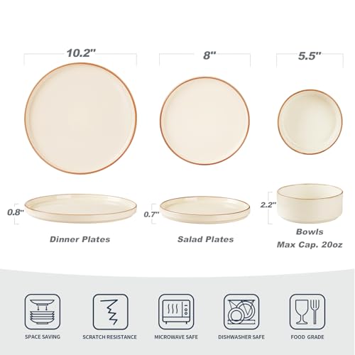 Image of Famiware Nebula Plates and Bowls Sets for 4, 12 Pieces Stoneware Dinnerware Set, Microwave and Dishwasher Safe Dishes Set, Vanilla White with Brown Rim