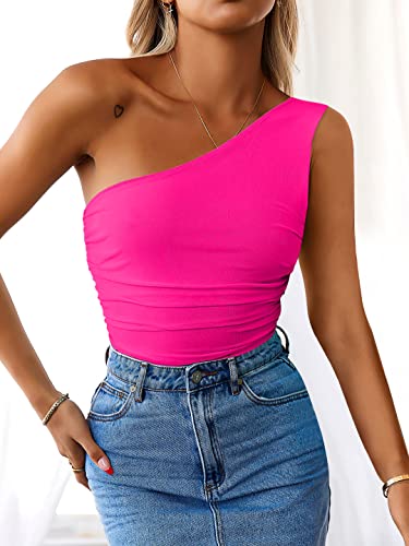 Anrabess Women 2023 Summer Sleeveless Sexy One Shoulder Mesh Solid Tank Top Bodysuit Jumpsuits 845Meihong-Xl #TOP5