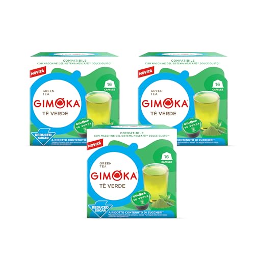 Gimoka, Bebida Soluble de TÉ VERDE Azúcares Reducidos - 48 Cápsulas - Compatibles con Máquinas de Café Nescafè Dolce Gusto - Producido en Italia - 3 Paquetes de 16