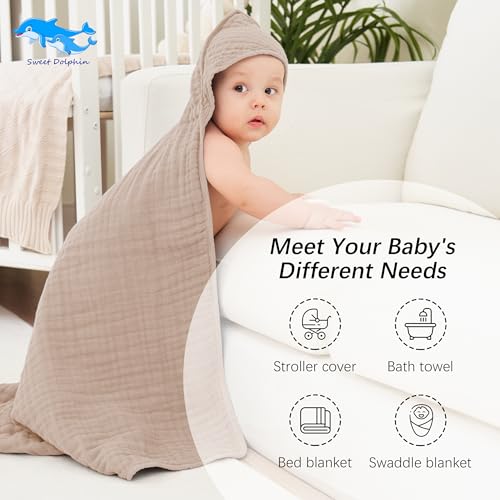 Image of SWEET DOLPHIN Muslin Hooded Baby Bath Towels - 2 Pack 100% Cotton Towel for Babies, Infants, Toddlers - 32x32Inch - Highly Absorbent and Newborn Essential, Brown