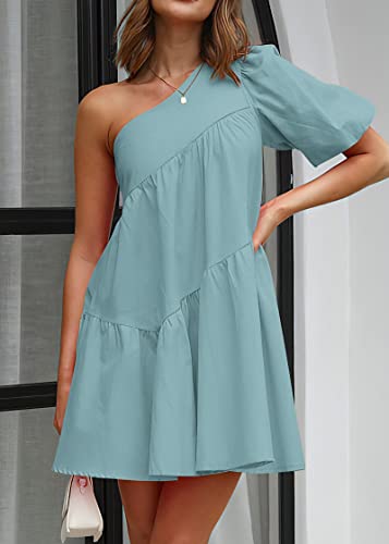 Image of KIRUNDO Summer One Shoulder Mini Baby Doll Dresses Women 2026 Casual Puff Sleeve Loose Tiered A Line Flowy Short Dress