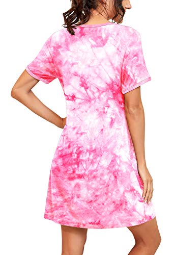 Prinstory Womens Sleepwear Short Sleeve Nightgown Soft Sleepshirt Pleated Nightshirt Scoopneck Casual Loungewear Tie Dye Rose Red-Large #TOP4
